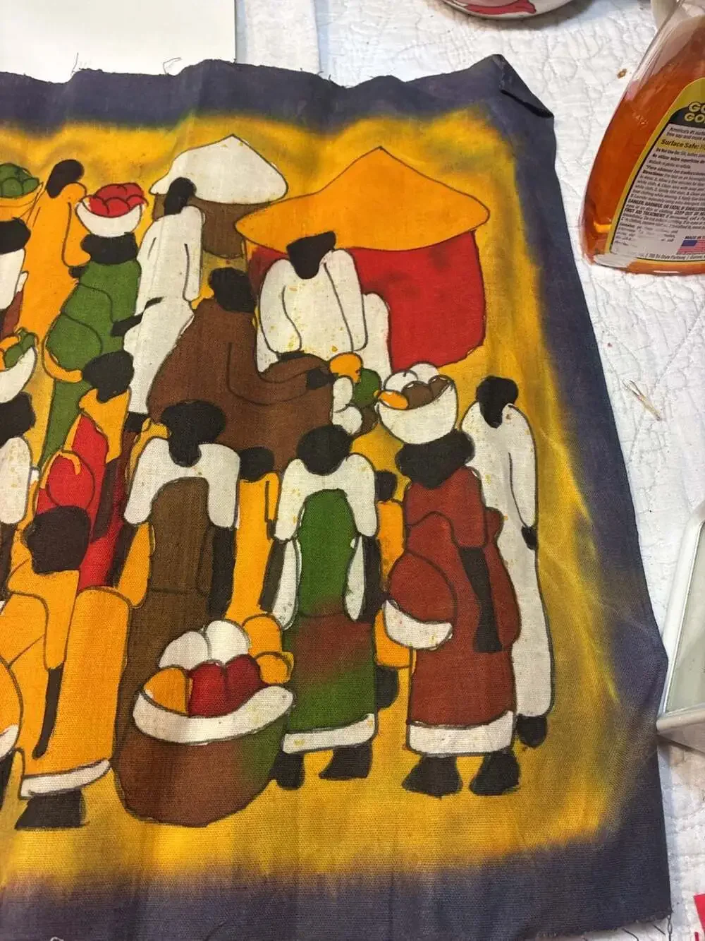 Lot of 2 African Market Scene Wax Batik Textile Wall Hanging Panel